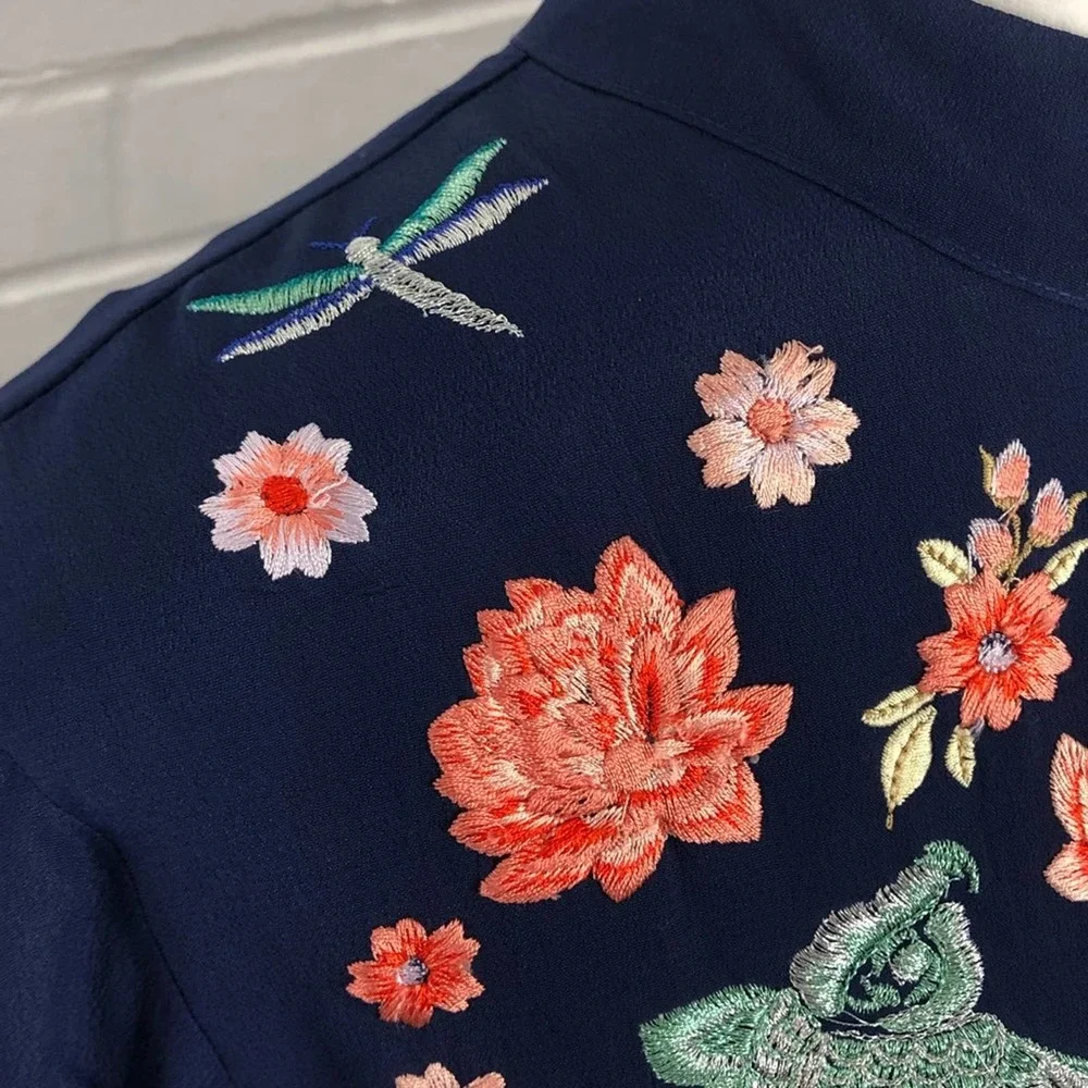 ASOS Boho Embroidered Dress Size 14 Navy Blue Long Sleeve Fit and Flare Modest - Picture 3 of 10